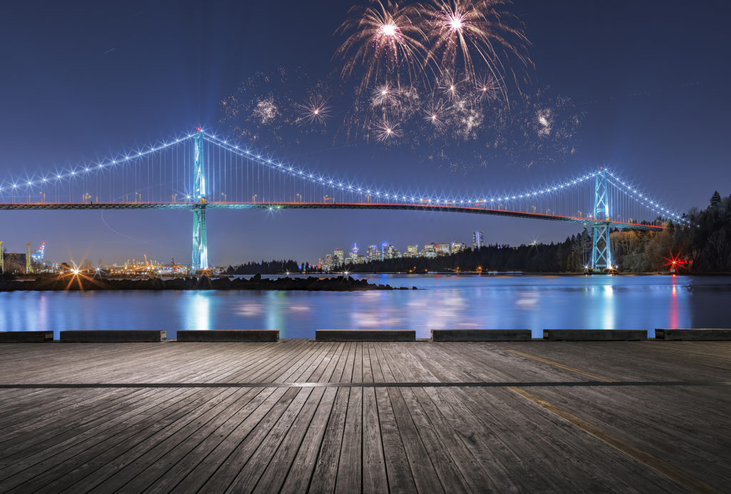 fantasy firework displays over Lions Gate Bridge,Vancouver British Columbia.